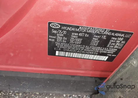 2020 Hyundai Santa Fe Sel/Sel Plus z USA, uszkodzony, nr VIN 5NMS3CAD4LH284126